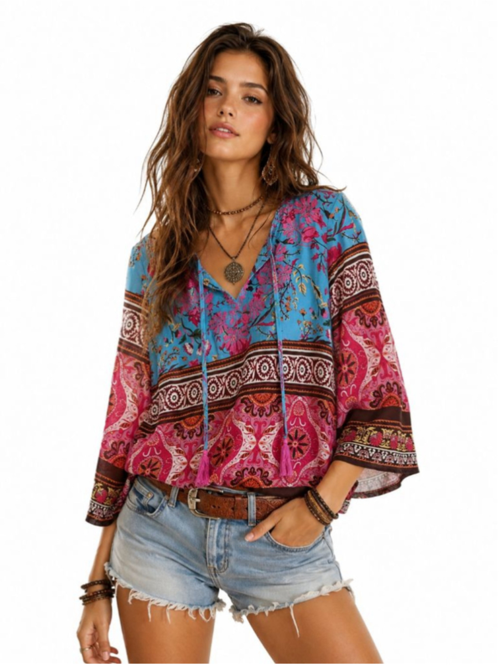 AZIZA Boho Floral Peasant Top Size S Blue Pink Tassel Tie Bell Sleeve Festival